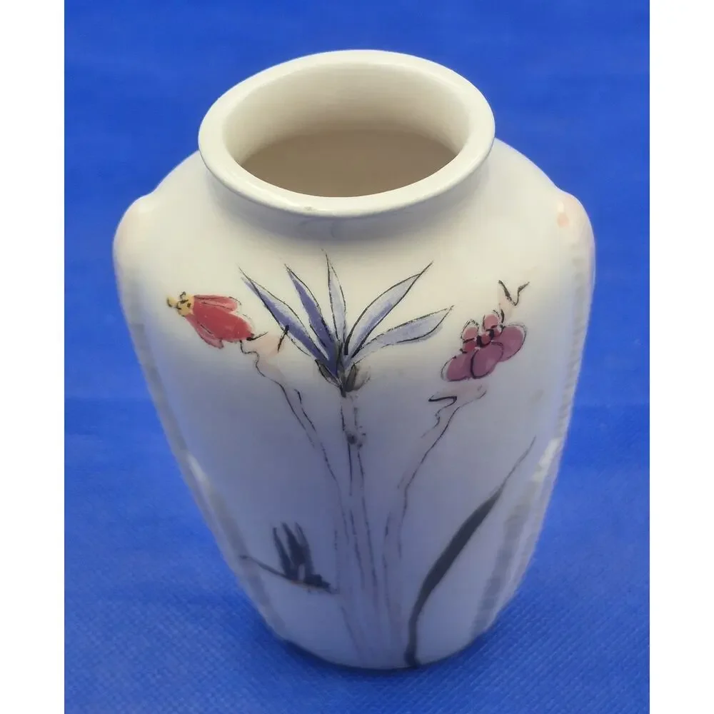 Vintage Barbara Baatz Signed Ceramic Vase Handpainted Florals on White 6